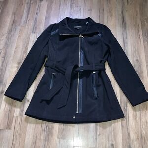 Ellen Tracy Black Hooded Trench Coat Belted Women Jacket Size Large Mid Length